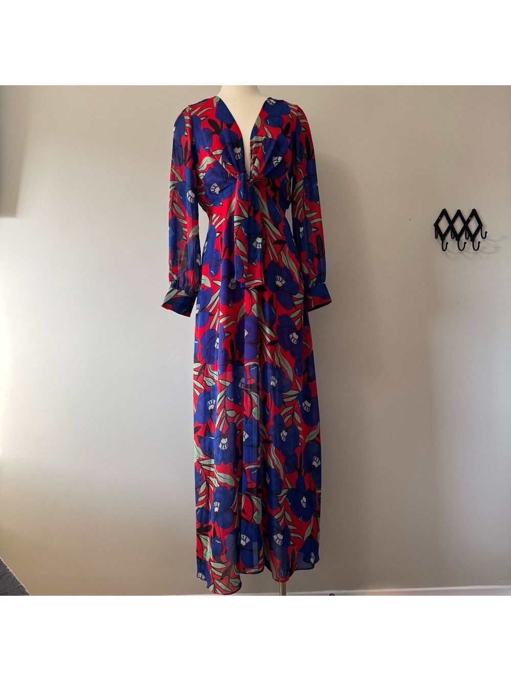 Aakaa Blue and Red Maxi Dress with Bishop Sleeves SZ Medium